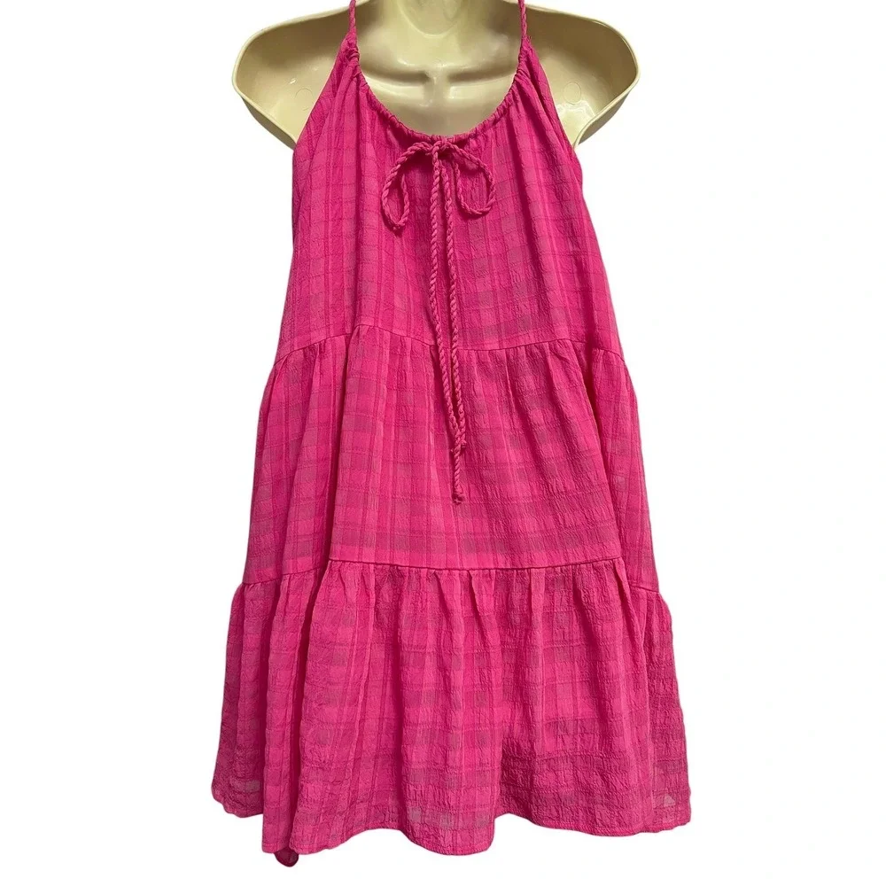 Gilli Tiered Halter Mini Dress Womens Large Pink Plaid Braided Straps Boho Girly
